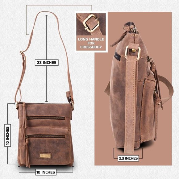 Genuine Leather Crossbody Bag with front Metal Zipper Pockets and long handle - - Picture 4 of 7